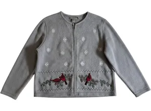 Croft‎ & Barrow Fleece Zip Up Jacket Gray PXL Women Cardinal Snowflake Winter thumbnail 1