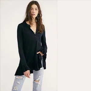 Free People Your Girl Black Long Sleeve Ruffle Henley Tunic Blouse Top Size XS thumbnail 3
