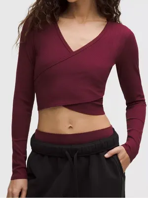 Lululemon Nulu Ribbed Wrap-Front Long Sleeve Shirt Heart Sleeve Burgundy Bay thumbnail 1
