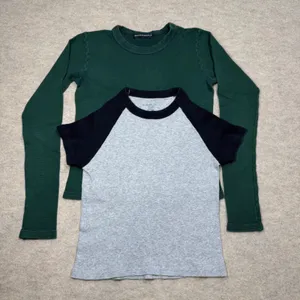 Brandy Melville Top Bundle Green Waffle Knit Long Sleeve Gray Raglan Tee Cotton‎ thumbnail 1
