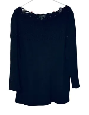 Lauren Ralph Lauren Womens Silk Cashmere Crochet Boatneck Sweater Black XL thumbnail 1