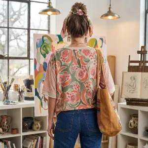 Abstract Painterly Floral Top Mixed Media Dotted Sleeve Maximalist XL Teacher thumbnail 2