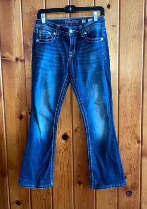 Miss Me Ladies Dark Blue Bootcut Jeans with Fading Angel wing pockets size 29 thumbnail 1