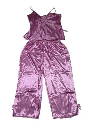 Vintage Chanteuse Pink Satin Pajama Set Lace Trim Cami &‎ Pants Size XL 90s NOS thumbnail 1
