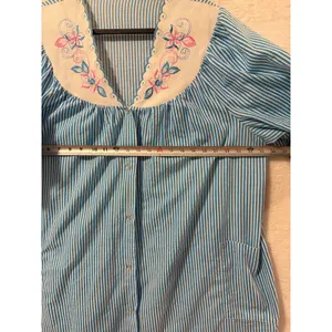 Vintage Blue White Striped Floral Embroidered Snap Front Duster House Dress XL thumbnail 5