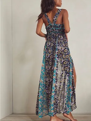 Free People Dance With Me Mixed Floral Halter Maxi Dress Adjustable Front Ties M thumbnail 3
