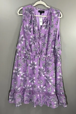 Lane Bryant NWT Sz 24 Sleeveless Notch Neck Elastic Waist Purple Floral Dress thumbnail 1