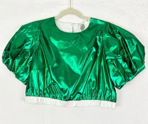 Queen of Sparkles Metallic Iridescent Puff Sleeve Crop Top Medium Green NWOT thumbnail 1
