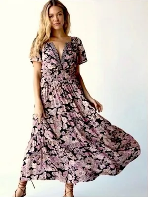 Natural Life Bella Floral Maxi Tiered V-Neck Puff Sleeve Rayon Dress Pink Gray M thumbnail 1