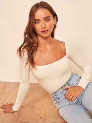 💕REFORMATION💕 Gaia Bodysuit ~ Square Neck Ribbed Long Sleeve White XL NWT thumbnail 1