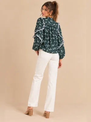 J.Crew Green Ditzy Floral Ruffle Trim Button Front Yolk Long Sleeve Blouse Small thumbnail 9