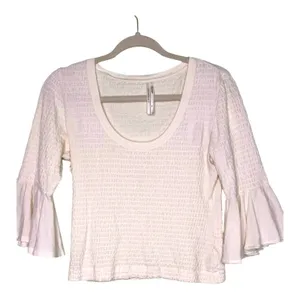Anthropologie Cream Scoop Neck Smocked Bell Sleeve Blouse XS thumbnail 3