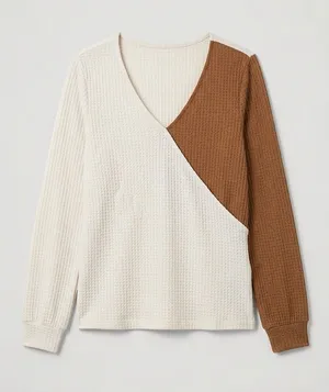 SHEIN Two-Tone Waffle-Knit V-Neck Sweater in Cream & Brown thumbnail 1