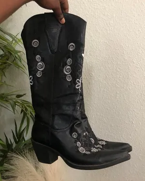Black White Embroidered Floral cowboy western boho cowgirl leather boots thumbnail 1