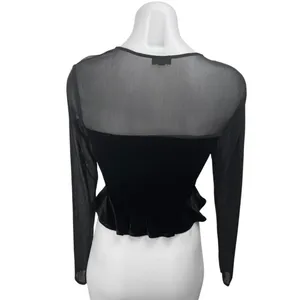 NBD Black Mesh Velour Velvet Long Sleeve Lace Up Crop Peplum Blouse Top Size S thumbnail 2