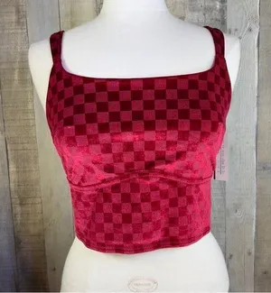 Colsie Red Large Checkered Velvet Crop Top Bralette With Adjustable Stra… thumbnail 1
