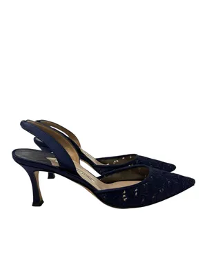 Manolo Blahnik Carolyne 70 Navy Blue Floral Lace Slingback Pumps Size 37.5 thumbnail 2