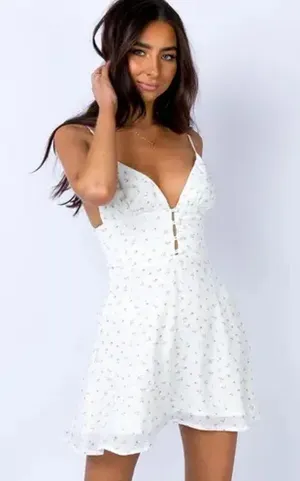 Princess Polly White Floral Sleeveless V Neck Button Front A Line Mini Dress 4 thumbnail 1