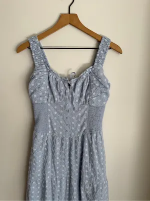 Hollister Sophia Blue Sweetheart Neck Smocked Embroidered Maxi Sun Dress Medium thumbnail 6