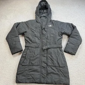 The North Face Womens Black Hooded Down Parka Jacket Small Belted Winter Coat thumbnail 1