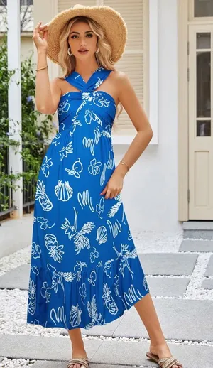 NWT Grace Karin Blue ocean Floral Halter Maxi Dress large thumbnail 1