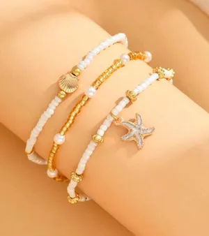 Handmade 3pcs/Set Women Simple White Rice Bead/Faux Pearl Beaded Anklet With Golden Starfish & Seashell Charms, Suitable For Daily Wear And Vacation thumbnail 6
