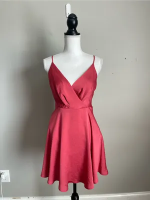 EXPRESS Rose Red Satin Faux Wrap Mini Flare Dress Sz XS thumbnail 2