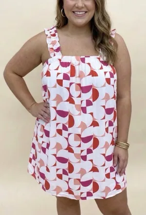 Emily Wonder Geometric Mid Mod Sundress Retro A-Line Mini Print Ruffles Plus 1X thumbnail 1