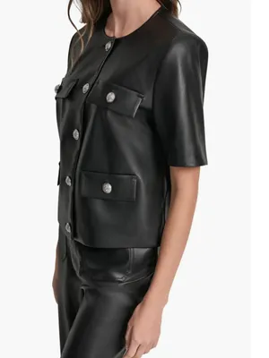 NWT DKNY Jeans Short Sleeve Faux Leather Jacket Small, BLACK/ SHINY SILVER thumbnail 6
