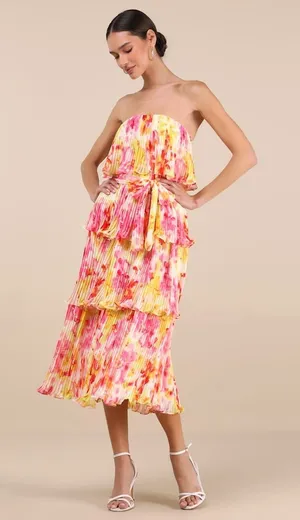 NWT Lulus Nessa Yellow and Pink Abstract Plisse Tiered Midi Dress Colorful Sz XL thumbnail 1