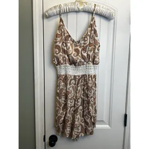 Justify XL Cream Brown Paisley Rayon Crochet Waist Sleeveless Boho Jumper Dress thumbnail 13
