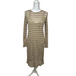 Zara Classic Open Knit Boho Crochet Lined Midi Length Dress in Tan Size Medium thumbnail 2