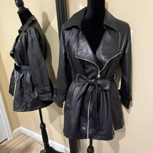 Faux leather jacket pu leather coat trench parka fall coat motorcycle jacket Black Size XS thumbnail 11