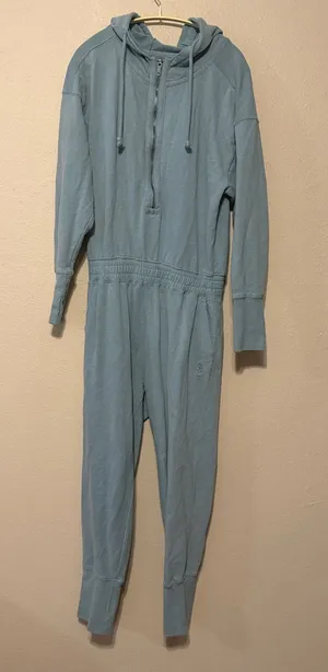 Free People Movement Training Day 100% Cotton‎ Teal Green Hooded Jumpsuit Medium thumbnail 1