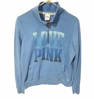 Victorias Secret Pink Medium Blue Spellout Quarter Zip Sweatshirt thumbnail 1
