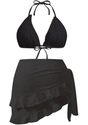 Boutique Black 3 Piece Plus Size 1XL Lettuce Trim Bikini Halter Triangle Swimsuit w/ Wrap thumbnail 1