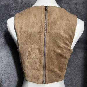 Olivaceous Crop‎ Top Womens Medium Tan Brown Faux Suede V-Neck Full Back Zip thumbnail 8