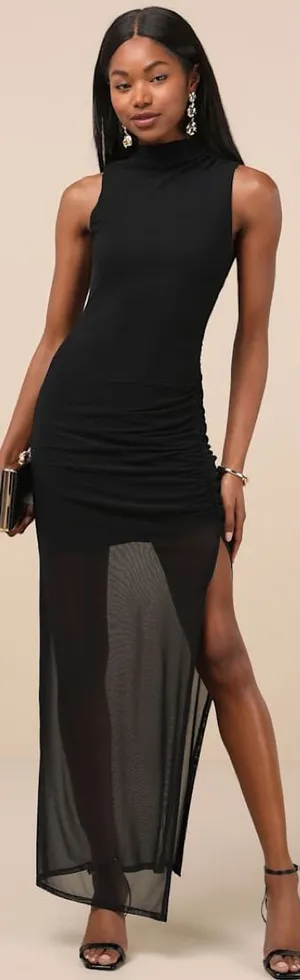 Lulus Renowned Glamour Black Mesh Mock Neck Maxi Dress Size Medium Formal Sheer thumbnail 1