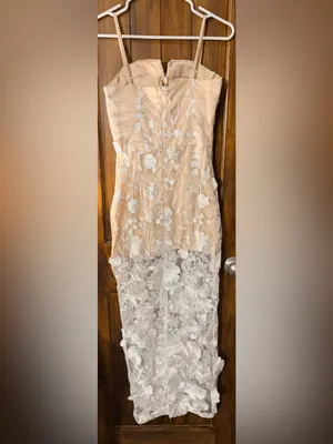 Sheer Lace Overlay Nude & White Spaghetti-Strap Dress thumbnail 4