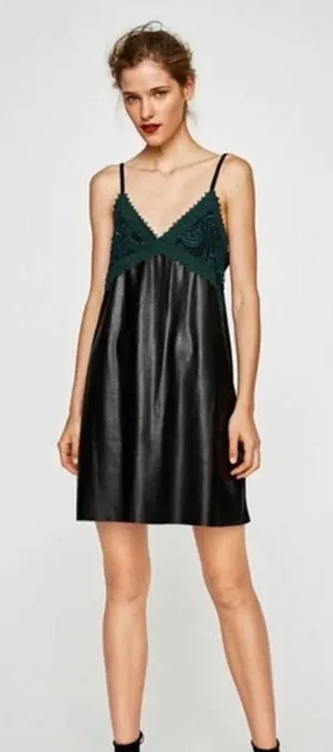 Zara Dress‎ Faux Leather Crochet Embroidered Slip Mini Black Green Size Large thumbnail 1