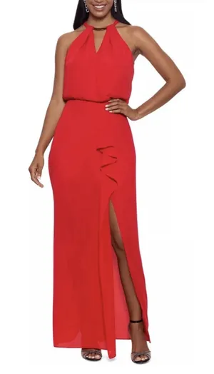 NEW XSCAPE Red RUFFLE‎ CHIFFON Gold Metal NECKLINE Halter EVENING Dress GOWN 4 thumbnail 1