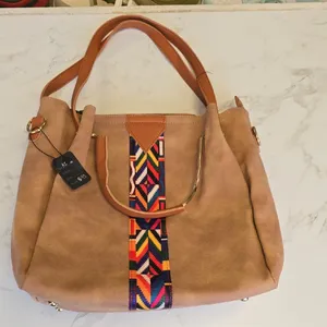 Elegant Tan Tote with Colorful Pattern Brown thumbnail 3