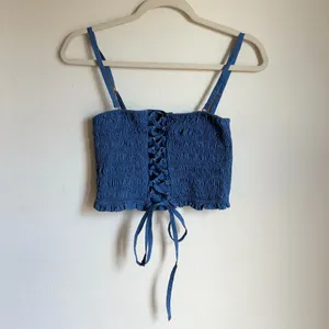 American Eagle Lace Up Smocked Crop Top Blue thumbnail 2