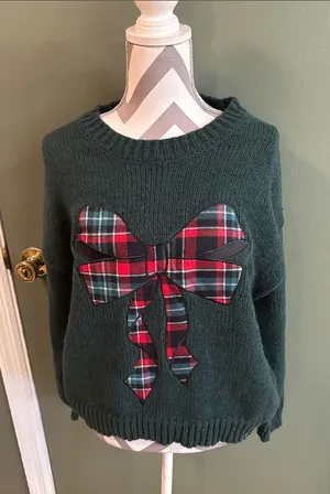 Dark Green Women's Pullover Sweater with Plaid Bow Size L thumbnail 1