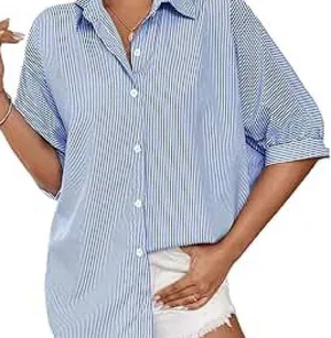 Classic Blue Striped Button Down Shirt for Women Size M thumbnail 1