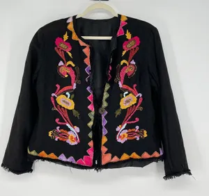 Boho Embroidered Jacket Black Open Front‎ Colorful Floral Fringe Women's Size L thumbnail 1