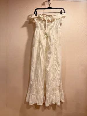 Free People Hi Hello White Cotton Smocked Strapless Lace Trim Midi Dress Size M thumbnail 2