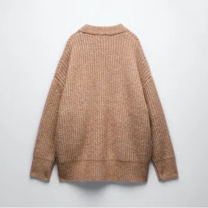 ZARA Patch Pocket Knit Oversized Cardigan Jacket Sweater Outerwear Tan Brown thumbnail 7