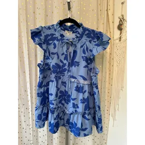 Umgee Blue Floral Flutter Sleeves Ruffle Self Tie Tiered Babydoll Blouse Top M thumbnail 2