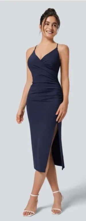 Halara Navy Blue Softlyzero Airy Ruched Side Slit Evening Midi Dress New Size XS thumbnail 1